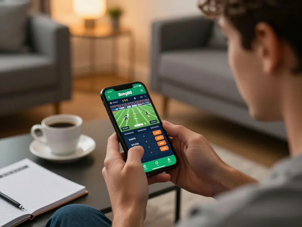 Bong88 sports betting app showcased on smartphone in a cozy home environment during an exciting game.