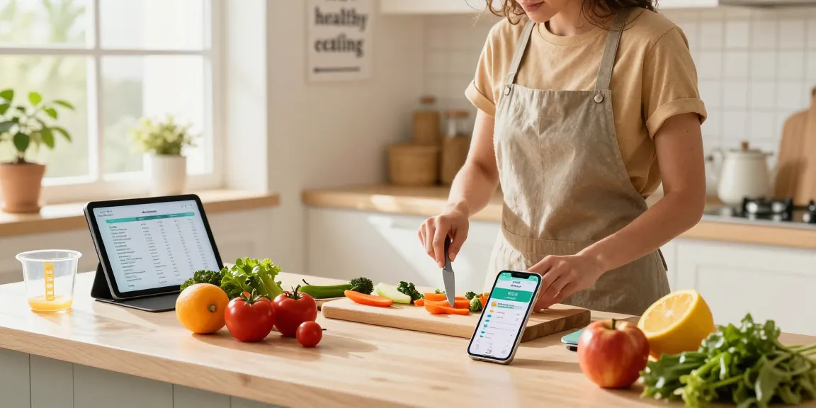 Individual using the best food tracker on a smartphone in a bright kitchen, preparing healthy ingredients.