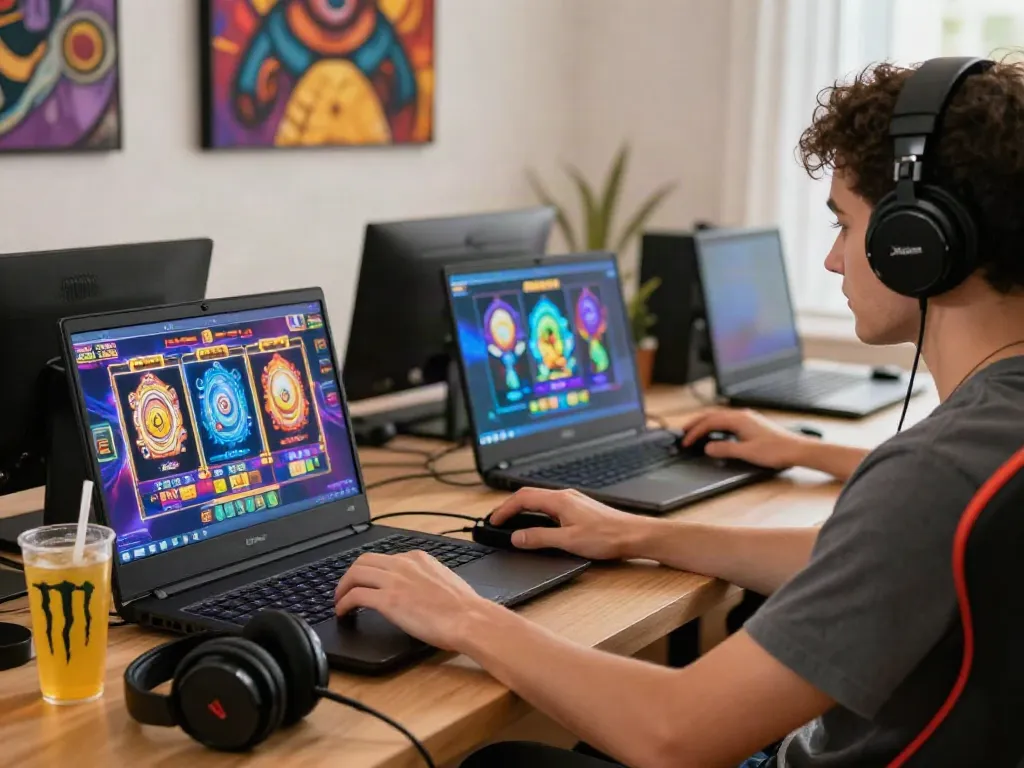 Player enjoying slot games on laptop in a cozy gaming setup