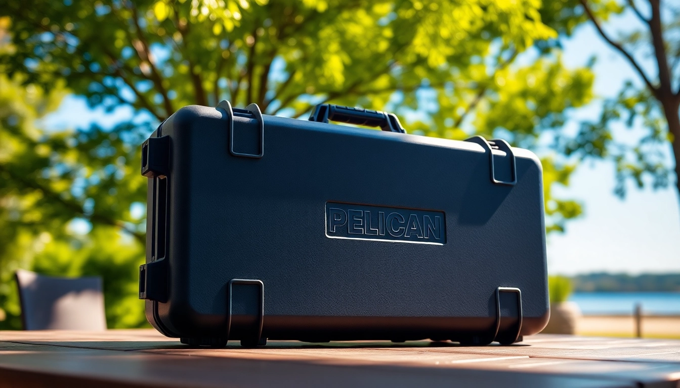 Showcase of a Pelican gun case for sale, highlighting its durability and sleek design in a bright outdoor setting.