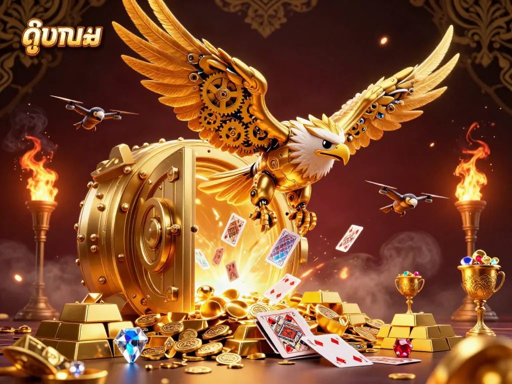 Experience ดูบอลออนไลน์ through an immersive 3D cybernetic golden eagle flying amidst holographic playing cards in a rich casino-themed illustration.
