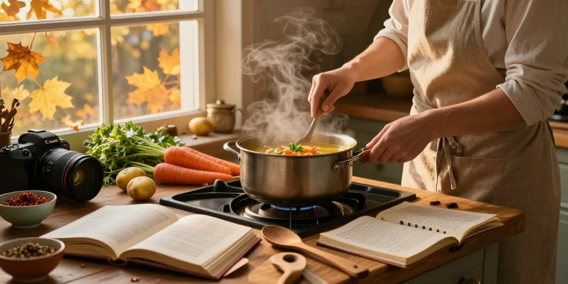 Leckere vegane Suppe, die in einer warmen Küche mit frischem Gemüse und Gewürzen zubereitet wird.