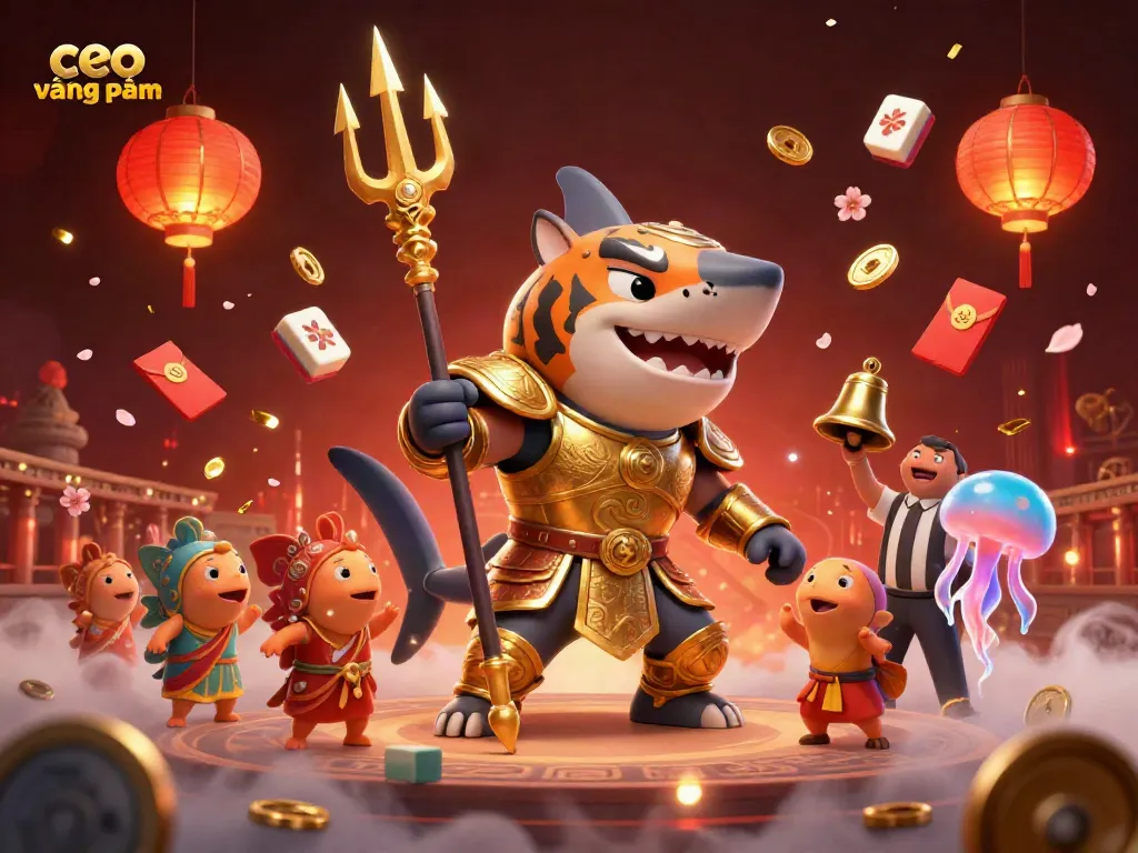 Engage with the dynamic casino scene featuring ceo vương phạm amidst vibrant undersea elements and gold accents.
