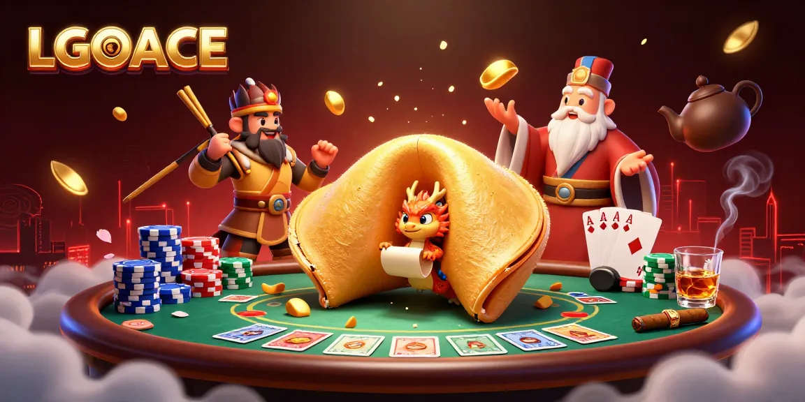 LGOACE offers thrilling poker gameplay featuring a giant fortune cookie, surrounded by vibrant casino elements.