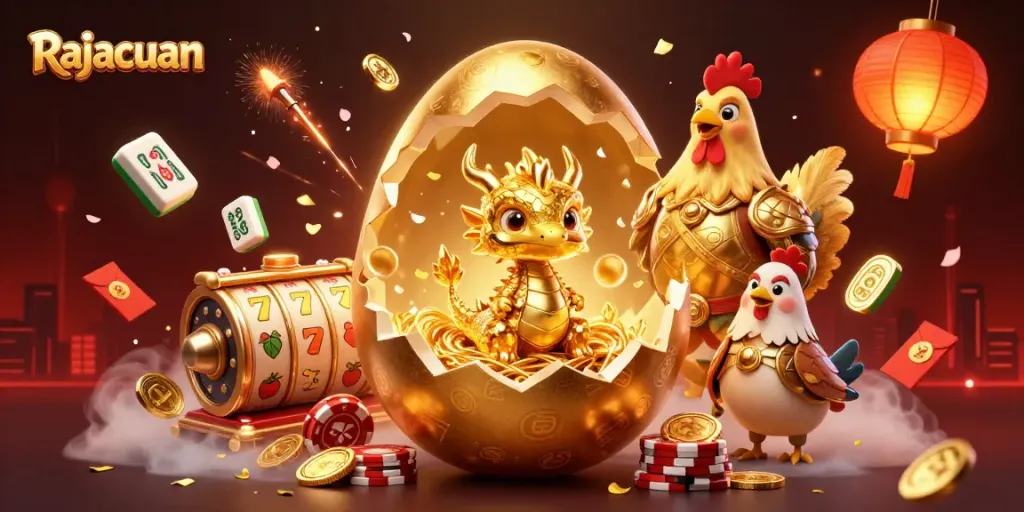 Experience the thrill of Rajacuan with a golden dragon and vibrant gaming elements.