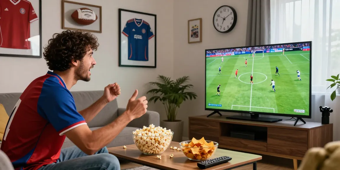 Exciting sports streaming moment watching kora tv in a cozy living room.