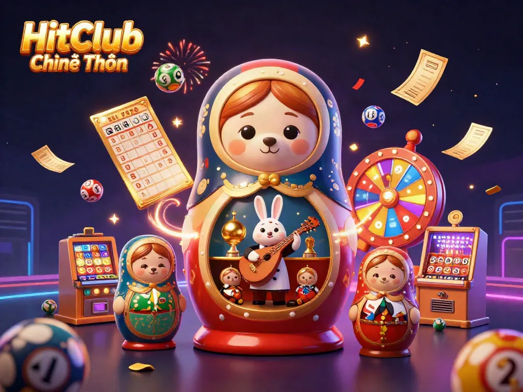 Engage with HitClub Chính Thức’s thrilling casino world featuring a cartoon doll bear and dynamic game elements.