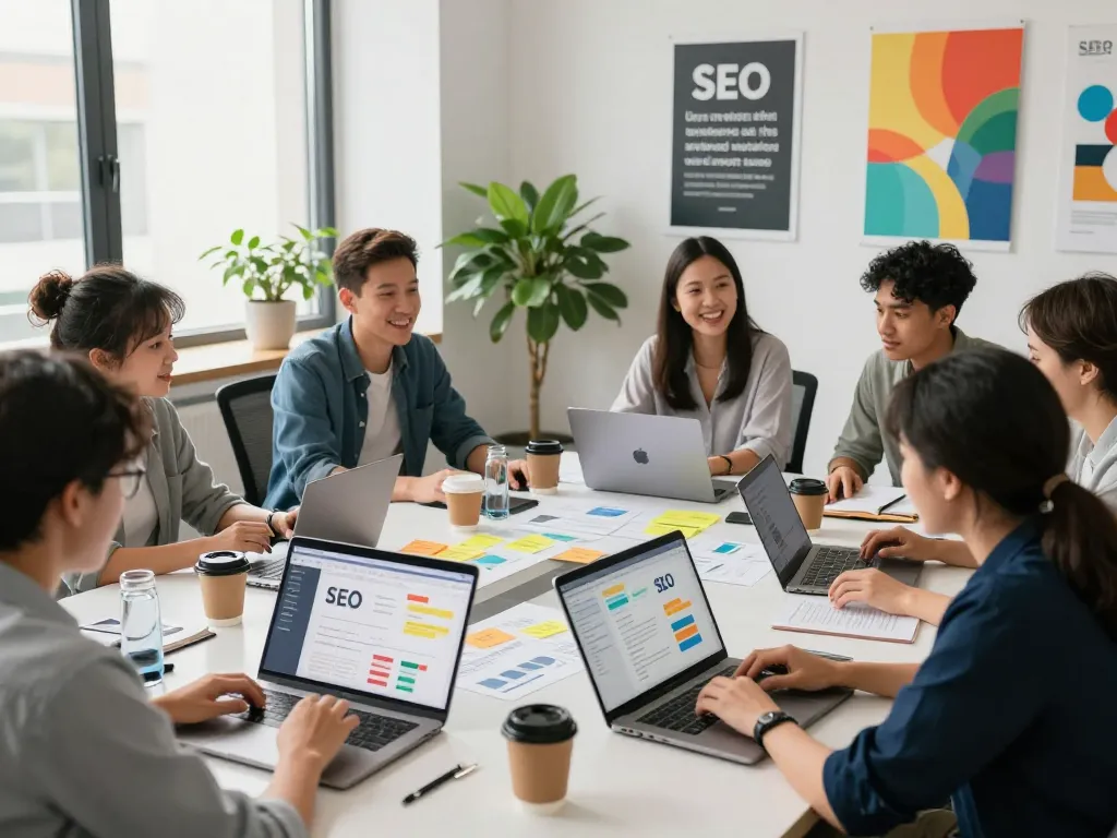 Team collaboration utilizing group buy SEO tools in a vibrant modern office environment, showcasing creativity and strategy.