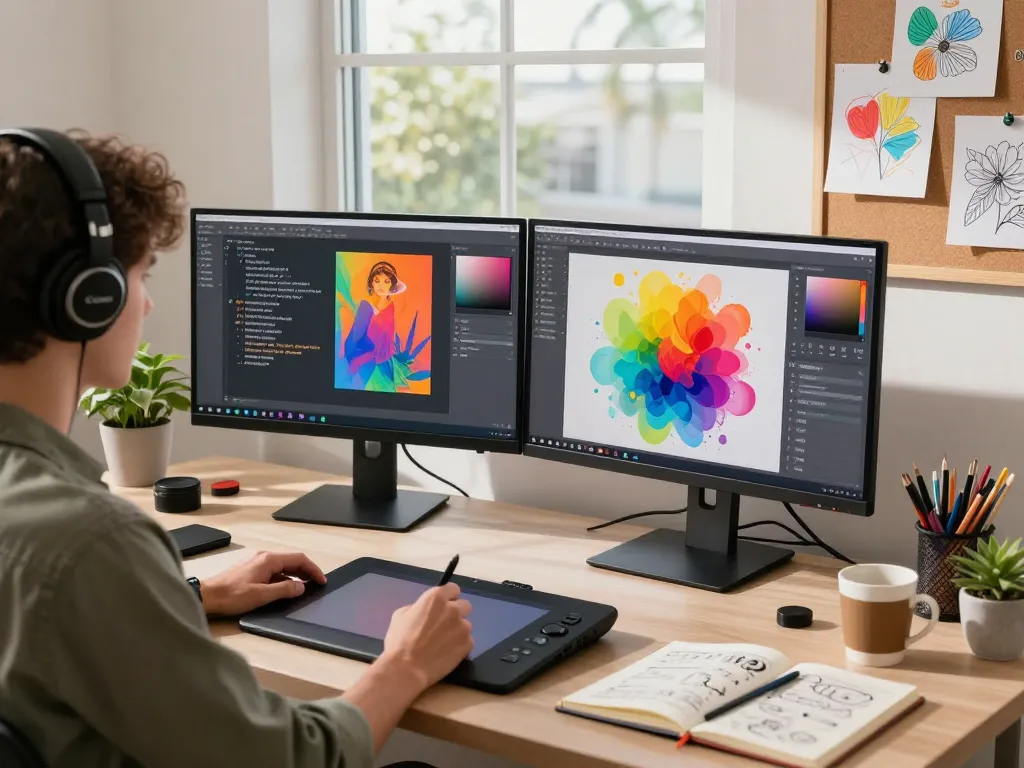 AI artist using the image to prompt generator tool in a vibrant creative workspace.