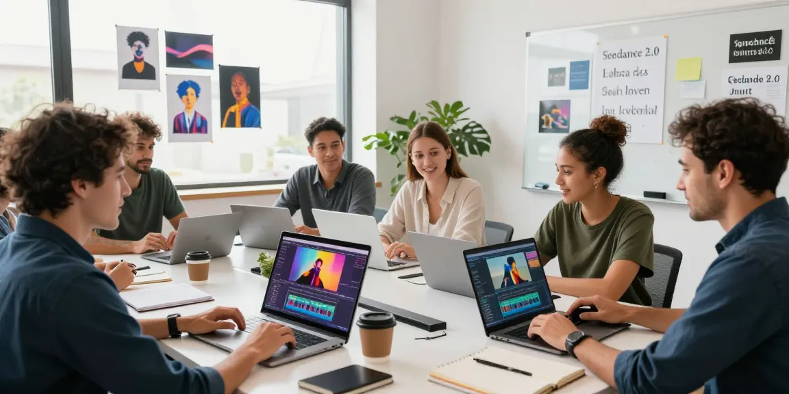 Creators collaborating using ai seedance 2.0 in a modern workspace.