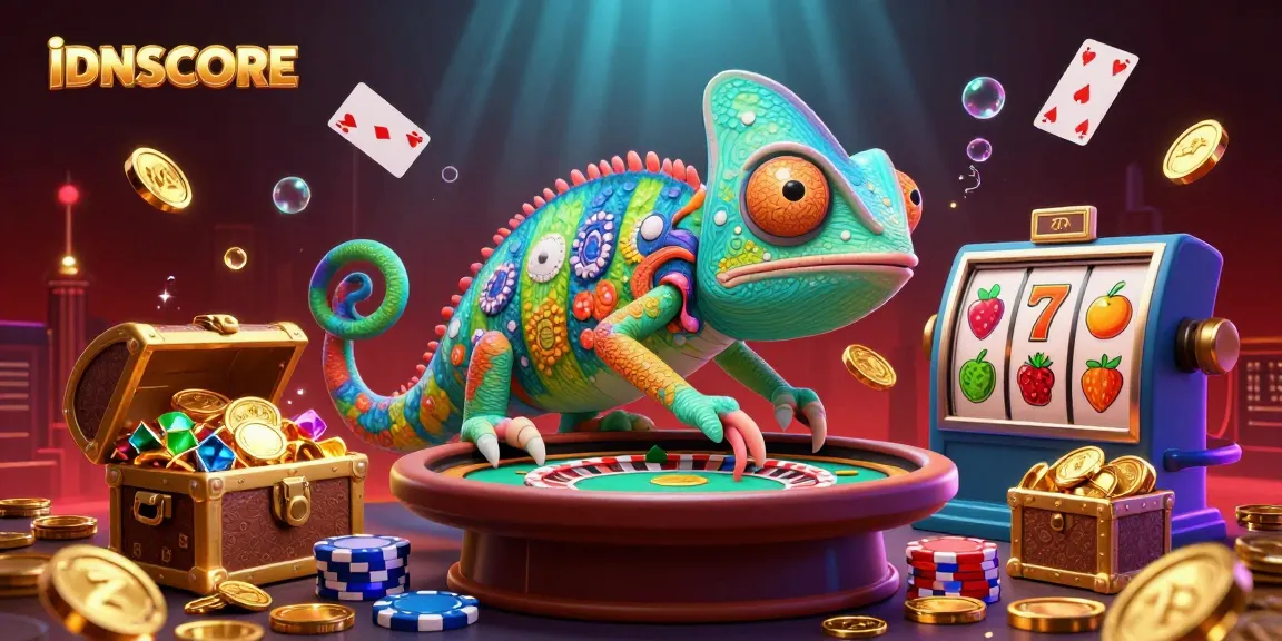 IDNSCORE chameleon mascot capturing gold coins amidst a vibrant casino gaming scene.