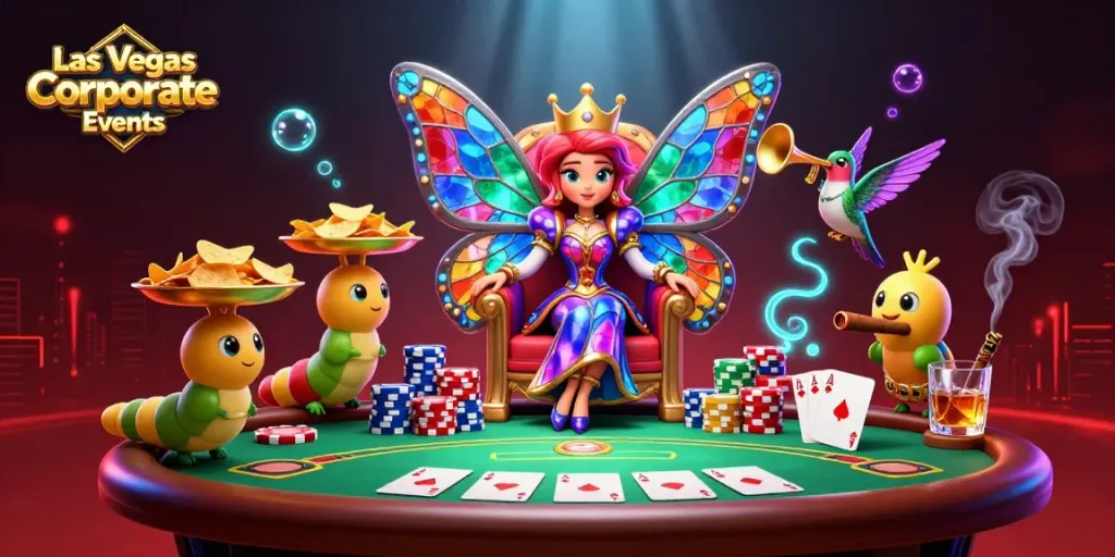 Engage in Las Vegas Corporate Events featuring a vibrant scene of casino-themed illustrations.
