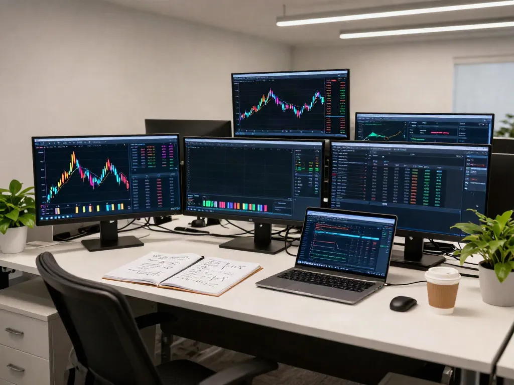 国内株式 API おすすめ illustrated in a dynamic trading workspace with advanced cryptocurrency analysis tools and real-time data displays.
