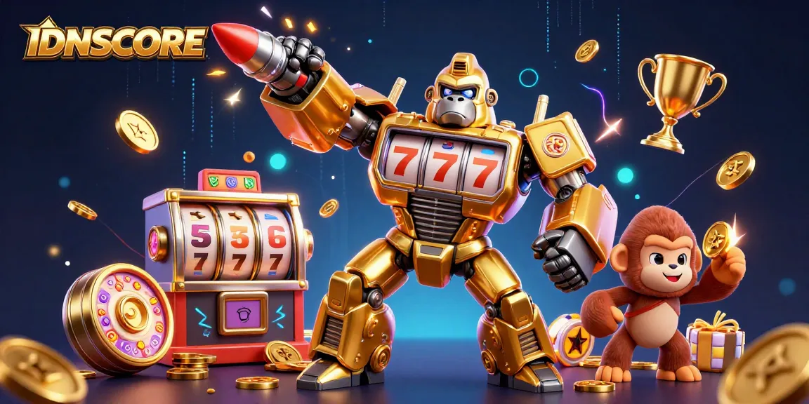 Experience IDNSCORE's thrilling gaming world with a fun-filled 3D illustration of a golden gorilla mech.