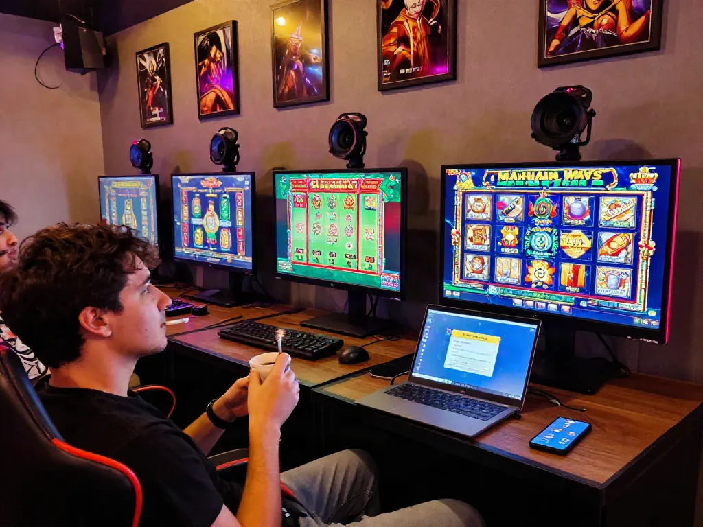 Player enjoying luxury12 online slots in a vibrant gaming lounge, capturing the excitement of quick winnings and relaxation.