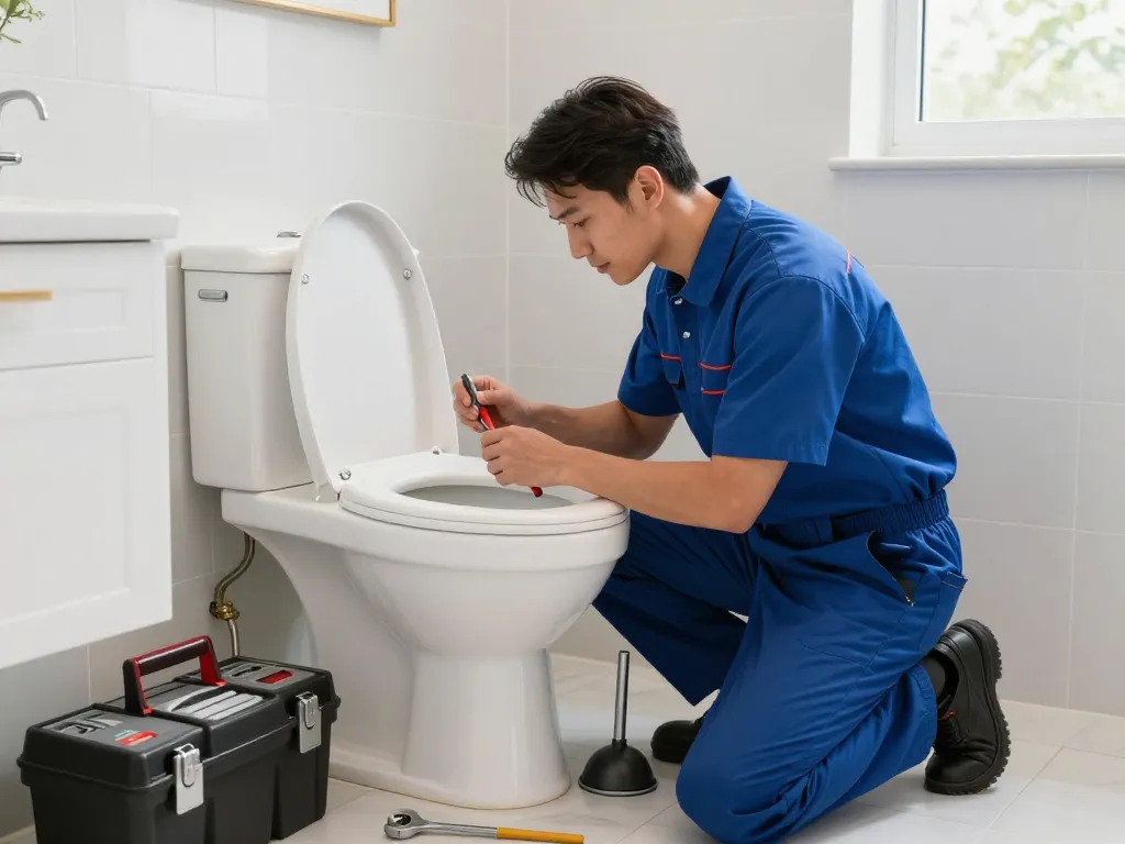 Apex Plumbing Services plumbing team member fixing a toilet in a modern bathroom, demonstrating reliable plumbing expertise.