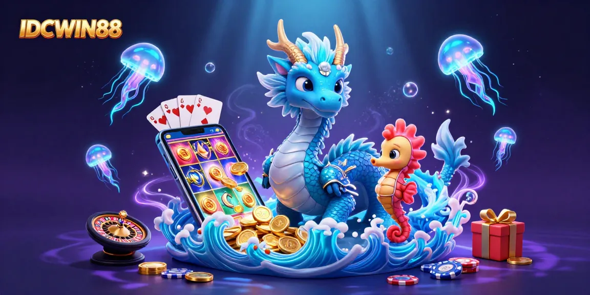 Engage with IDCWIN88 to explore a vibrant underwater casino scene featuring a dragon and knight.