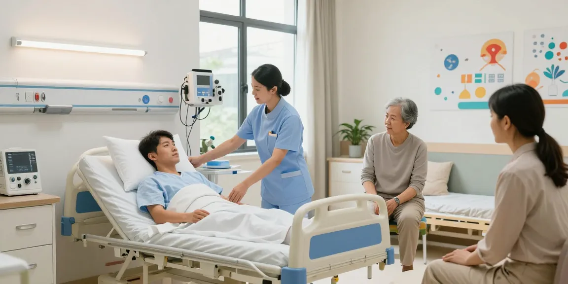 Hospital beds rental: nurse adjusting a hospital bed in a caring healthcare environment.