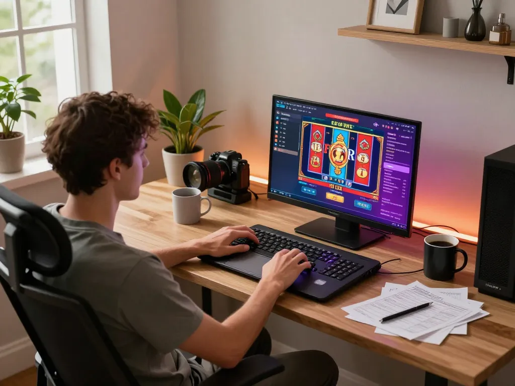 A player engaging with a white label casino on their laptop during a cozy home gaming session