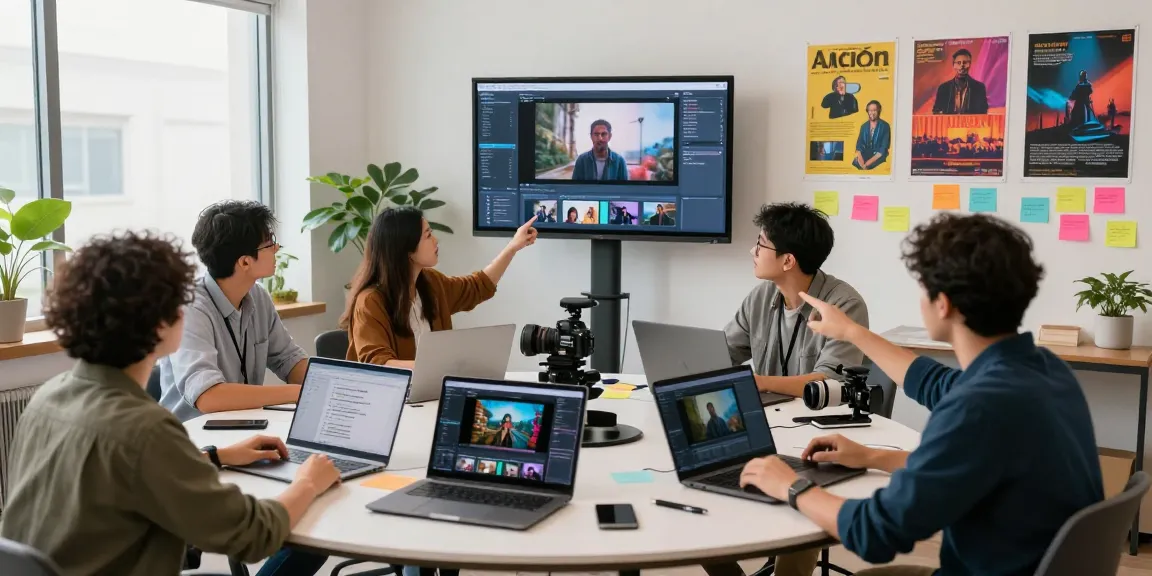 Team collaborating to create AI video prompts in a vibrant studio setting.