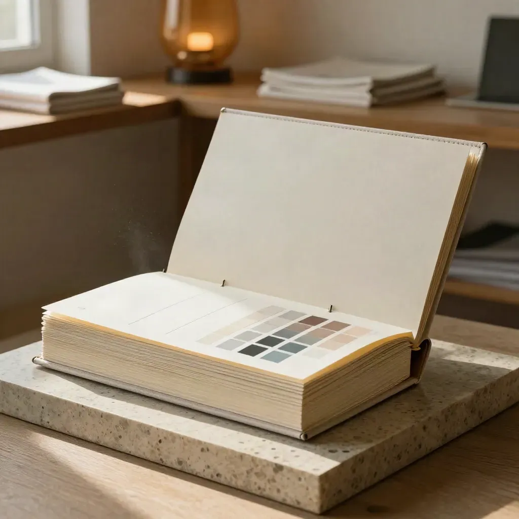 Open brand guidelines binder with color chips in a warm studio corner on a travertine plinth.