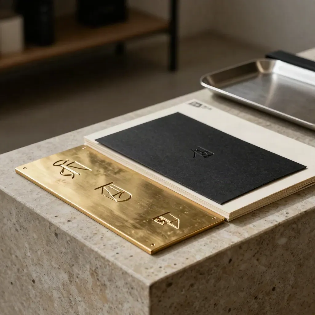 Embossed identity boards and brass logo plates on stone with soft edge light.
