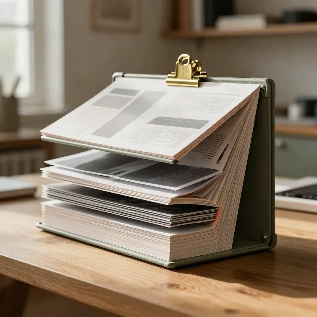 Opened pitch deck case with layered slide boards and a brass clip on a warm oak table.
