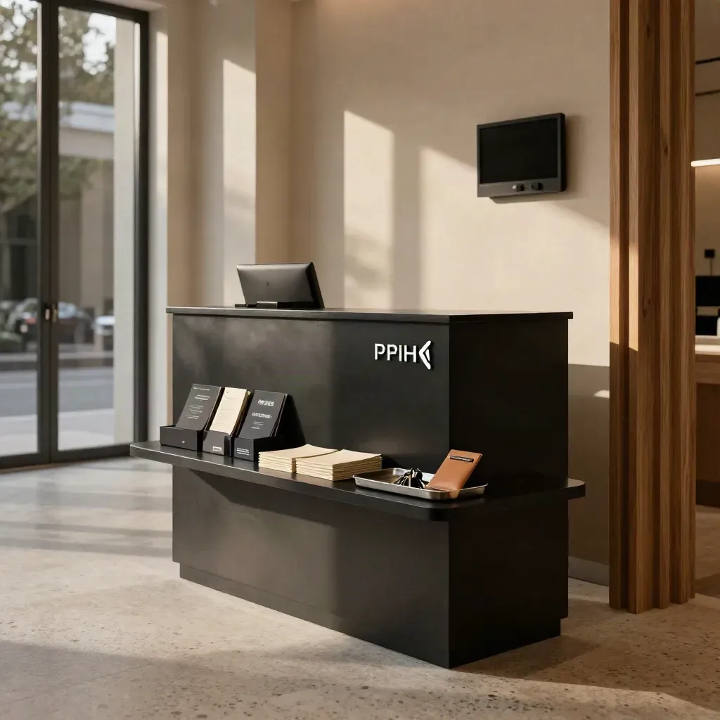 Elegant startup lobby with black plinth, off display, and curated visitor kit in warm evening light.