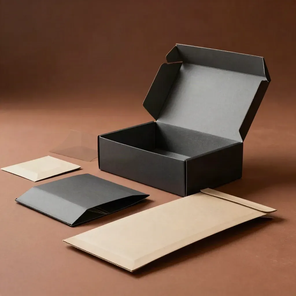 Open packaging mockups and a finished mailer box on a matte plinth in warm studio light.