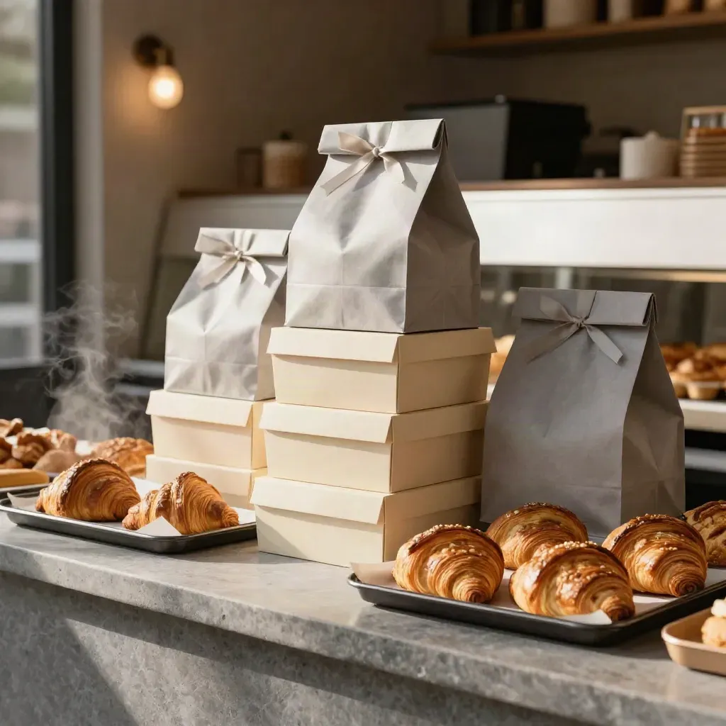 Bakery launch display with stacked boxes, ribbon bags and pastry trays on a stone counter.