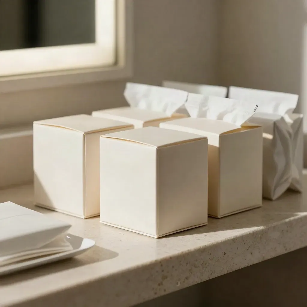 Cream skincare boxes and tissue inserts lined up on a pale stone shelf for shipment