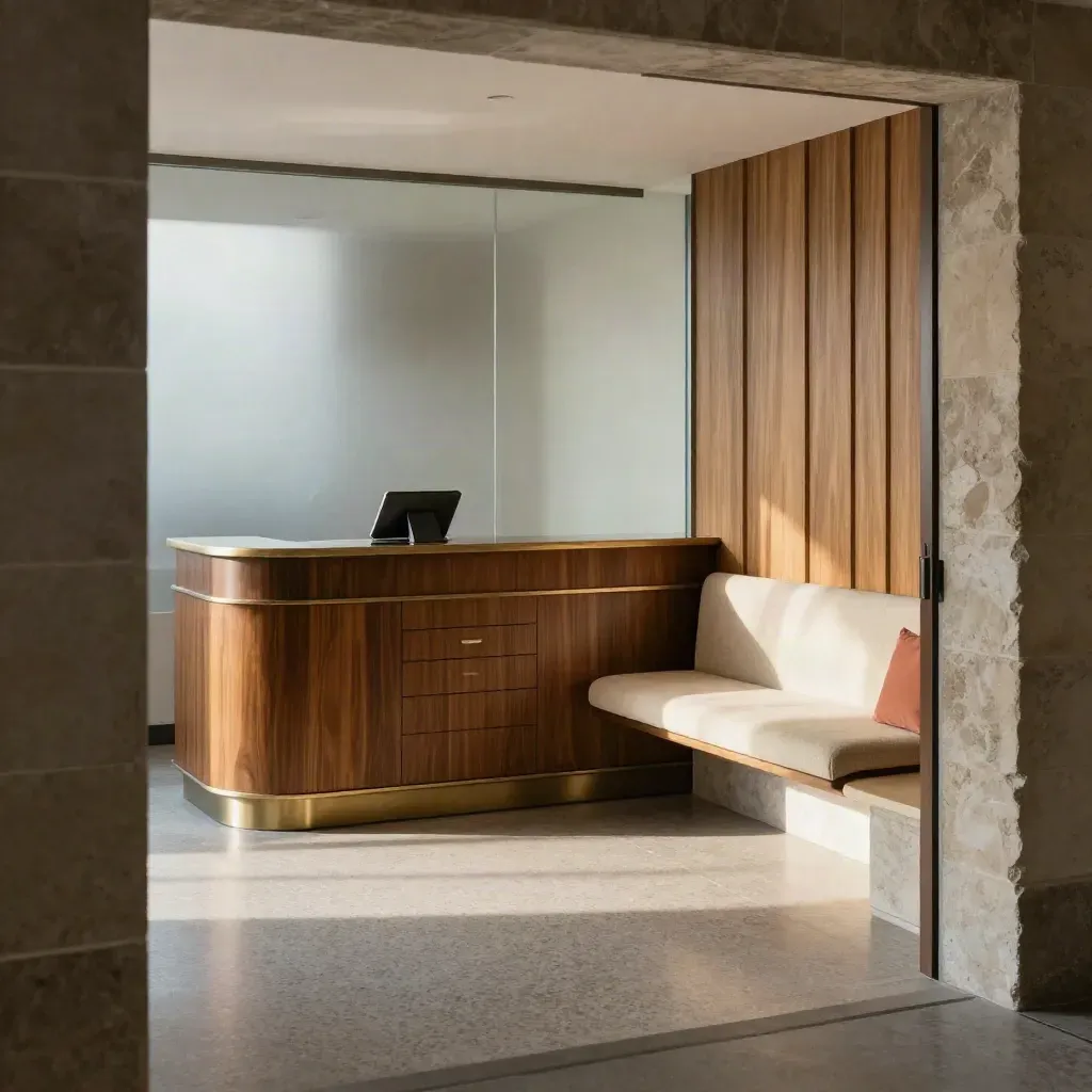 Moody clinic reception corner with dark wood counter, turned tablet dock, and coral waiting nook.