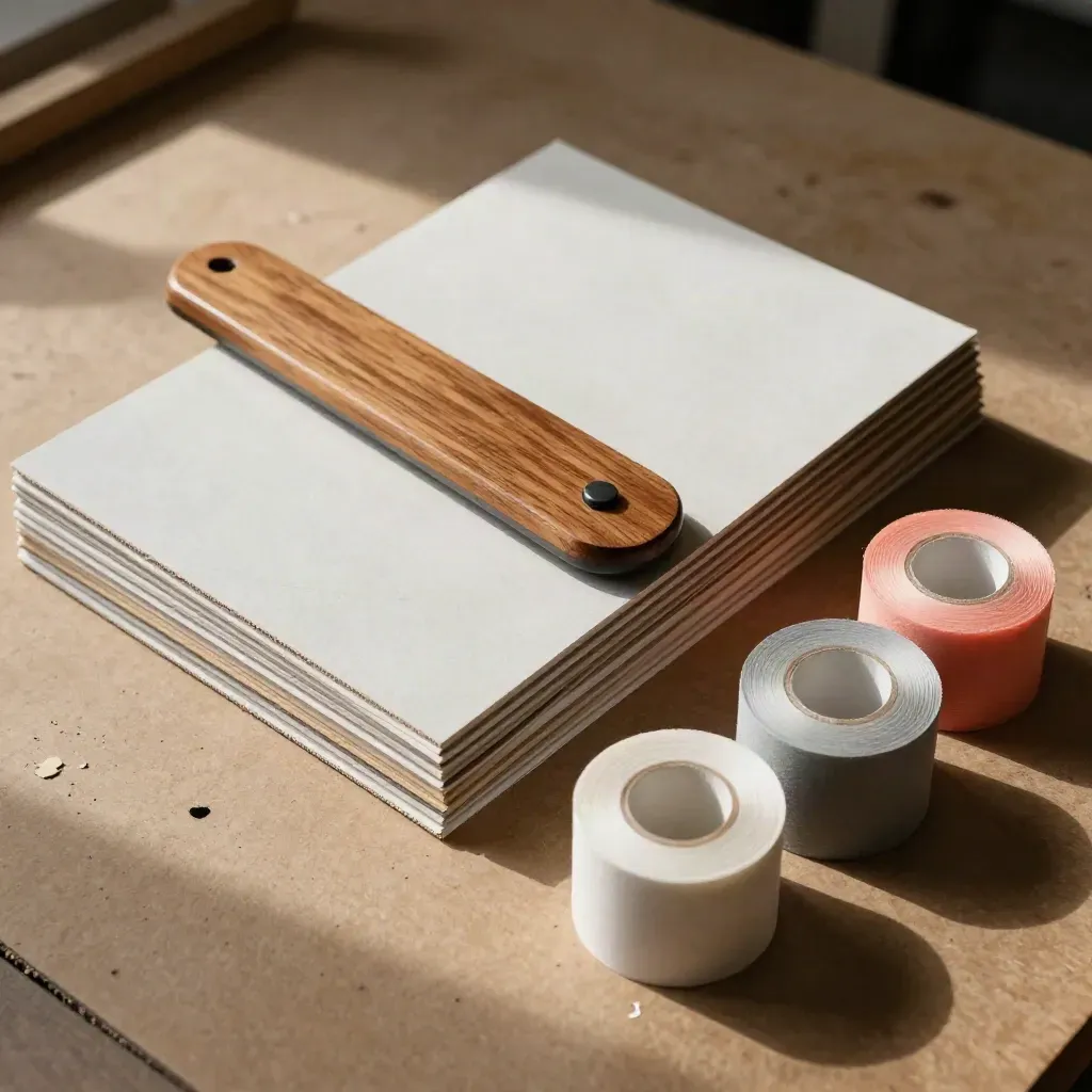 Bone folder, carton blanks, edge sampler stack and adhesive rolls in a macro packaging still life.
