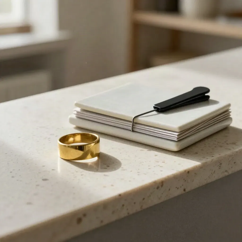 Macro of brass swatch ring, color chips, ceramic tray and black clip on travertine.