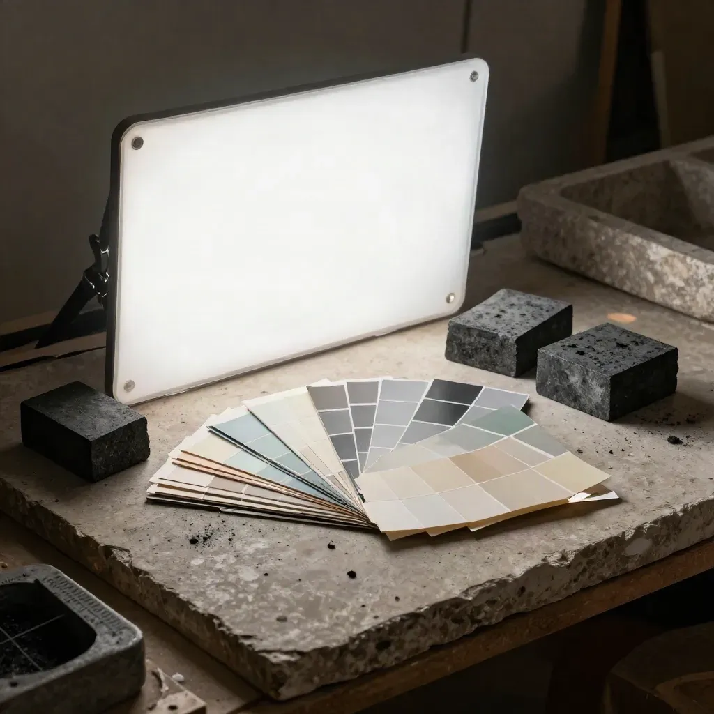 Light box, acetate overlays, charcoal blocks and color samples on a warm gray plaster slab.