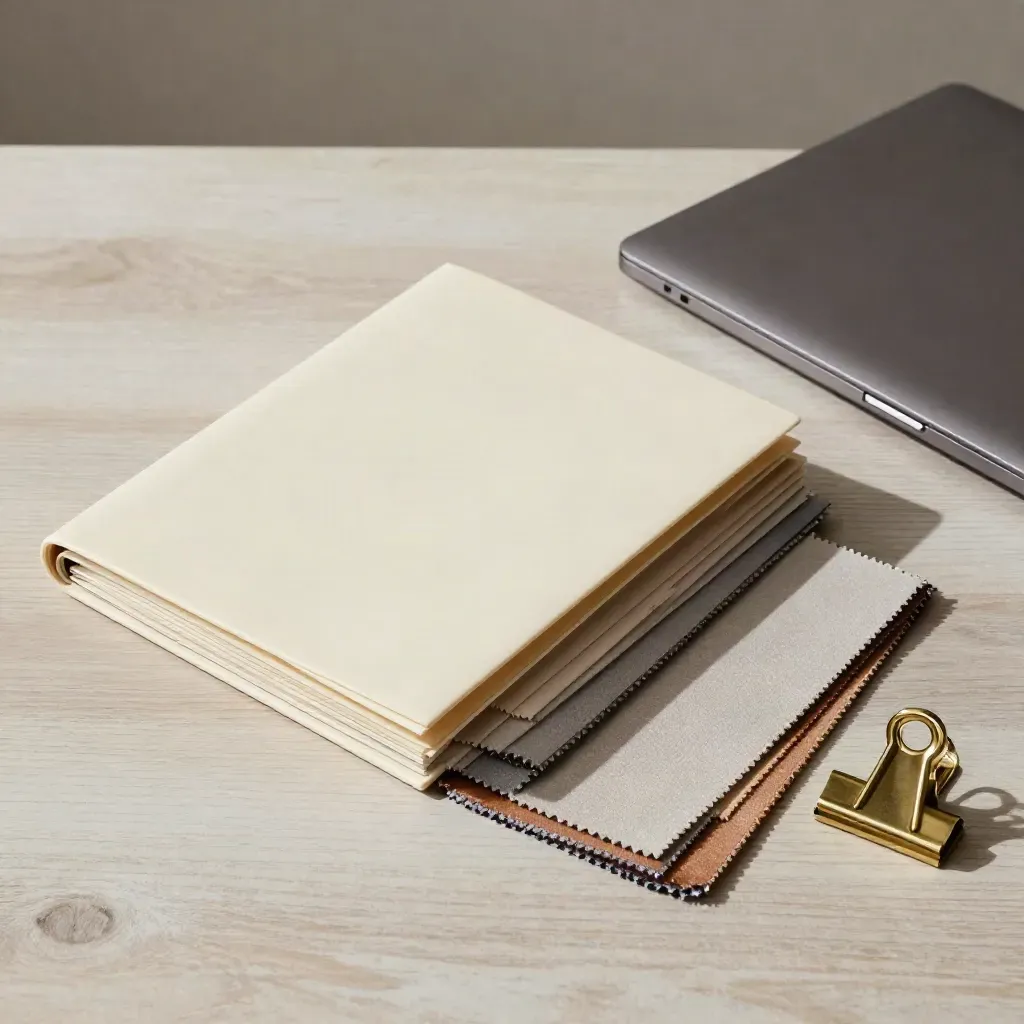 Overhead planning set with a brief folder, fabric swatches, closed laptop and brass clip on pale wood.