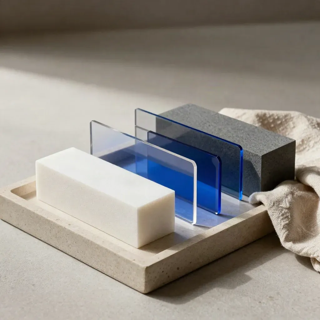 Foam-core blocks, acetate overlays, and an acrylic tile on a stone tray with linen.