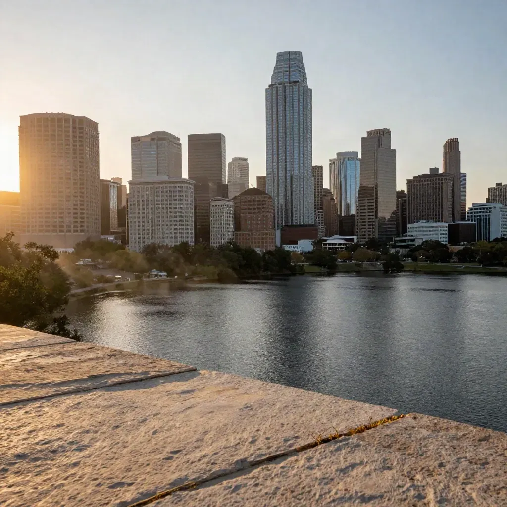 Austin skyline over Lady Bird Lake from a limestone overlook at golden hour.