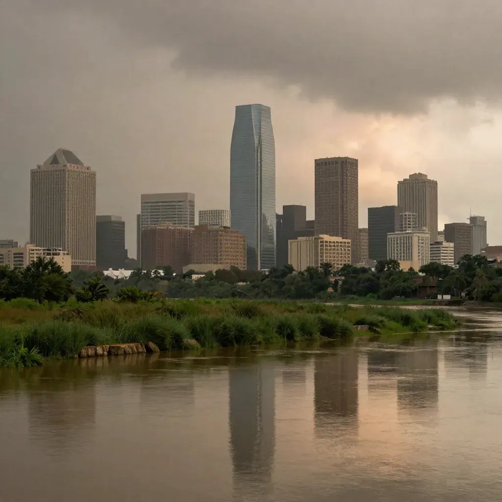 Houston skyline mirrored in a flooded bayou at dusk with calm water and humid haze