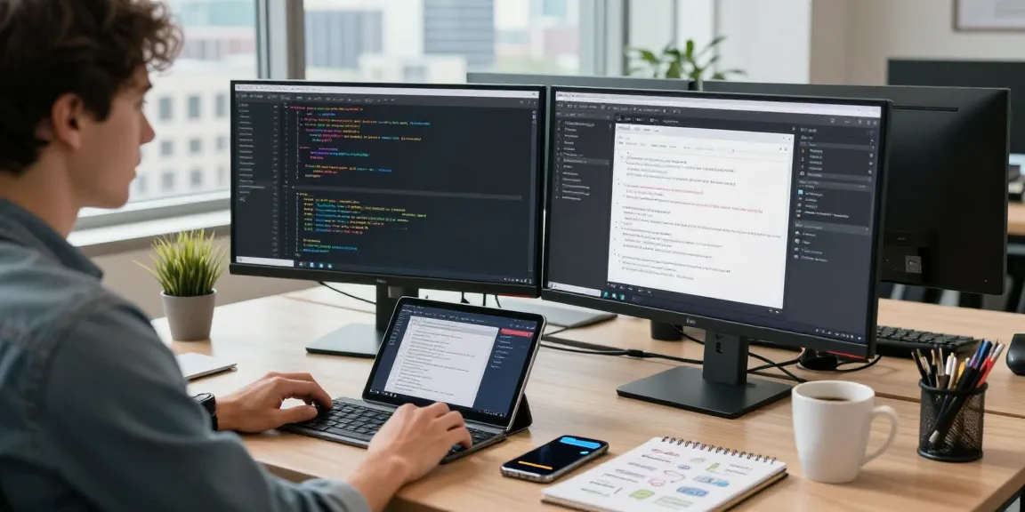Developer coding in a modern office with dual monitors showcasing 纸飞机中文版 software, highlighting a productive tech workspace.