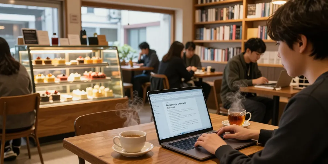 Cozy cafe in 상봉동 한국관 with patrons working, focusing on password security.