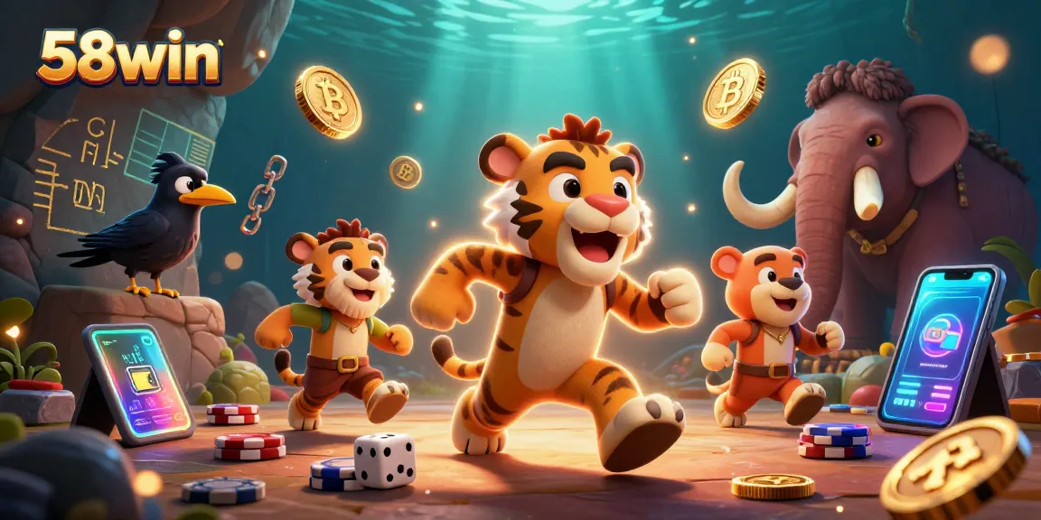 Engage with 58win and explore a prehistoric casino filled with vibrant gaming elements and characters.