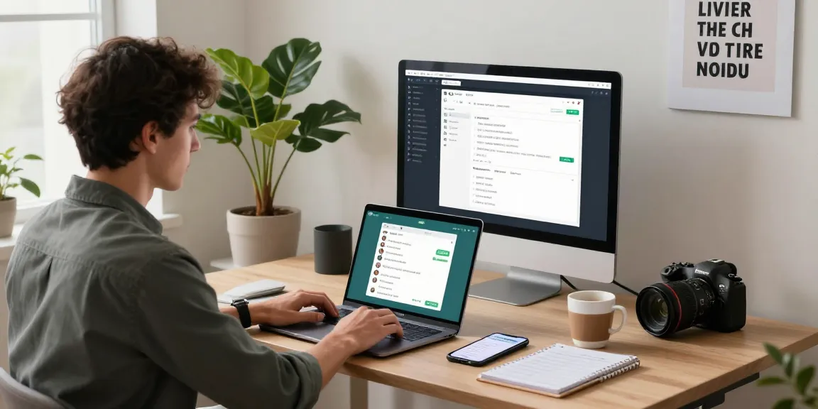 Professional using WhatsApp網頁版 in a modern home office with laptop and inspirational decor.