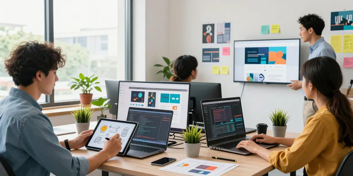 Creative web design team collaborating in a modern office, showcasing innovative ideas for a 網頁 設計 公司.