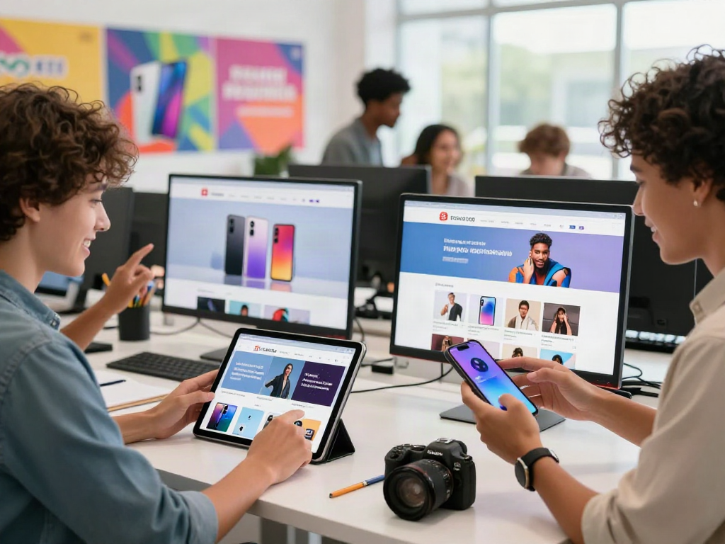 Vibrant e-commerce scene showing users actively shopping for tech gadgets and fashion items, embodying the excitement of bro138.