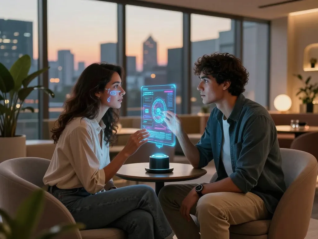 Couple experiencing ai sex through AI companion in a modern lounge.