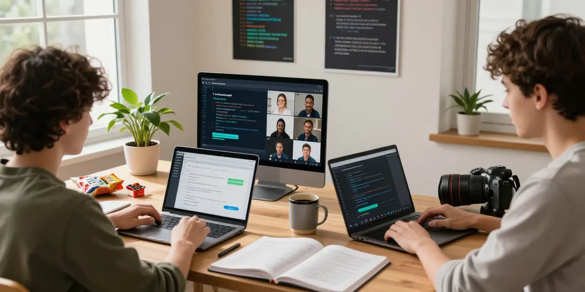 Students engaged in a mobile app development course online, learning Kotlin and Android Studio in a bright, inviting environment.