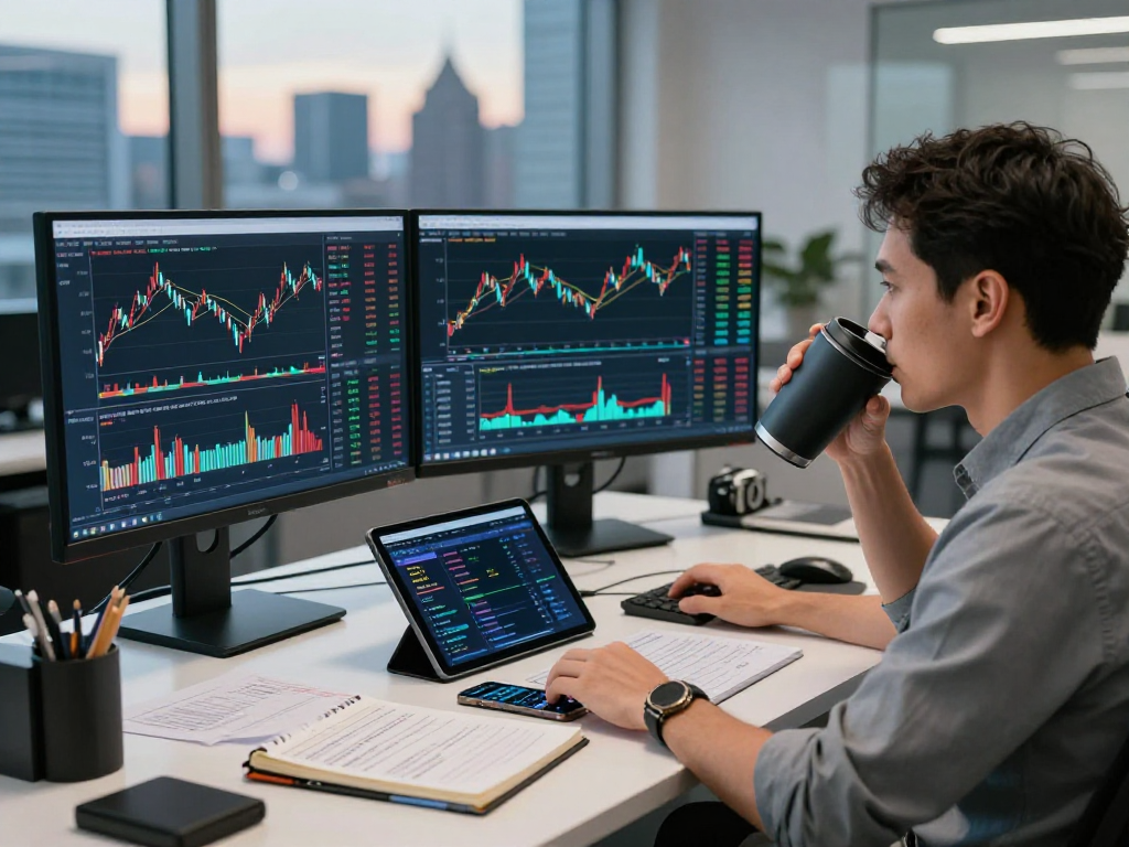 Focused analyst using TradingView to analyze market trends in a modern trading workspace with multiple monitors.