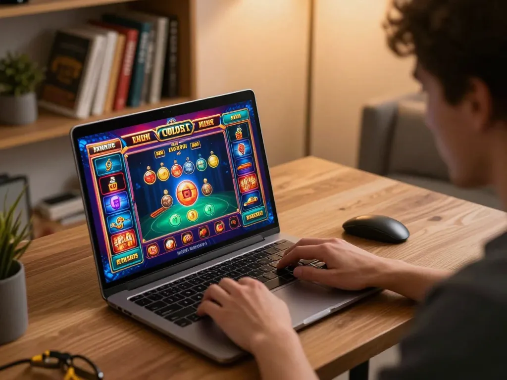 Engaging in online gaming at the best widget store, showcasing vibrant casino graphics.