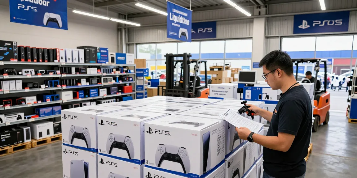 PS5 pallets liquidation showcasing vibrant e-commerce warehouse filled with gaming consoles.